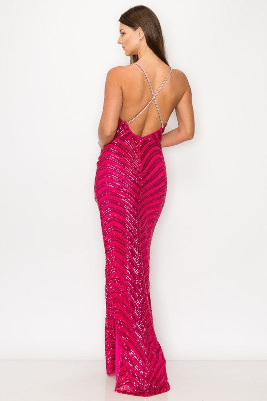 Spaghetti Sequin Long Dress With Rhinestones Criss Cross Back Fuchsia Maxi Dress