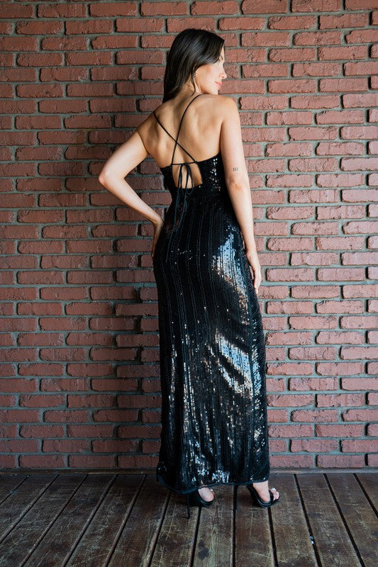 Black Sequin Long Dress with Slit