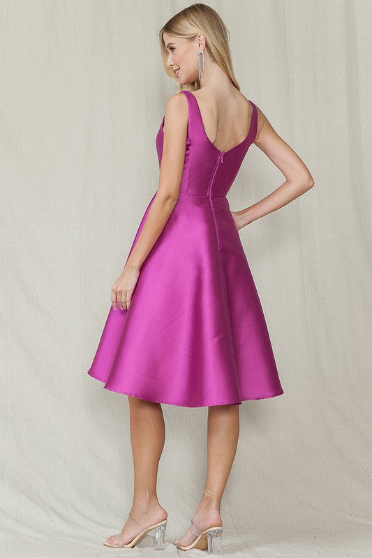 Lavander Square Neck Solid Color Taffeta Dress