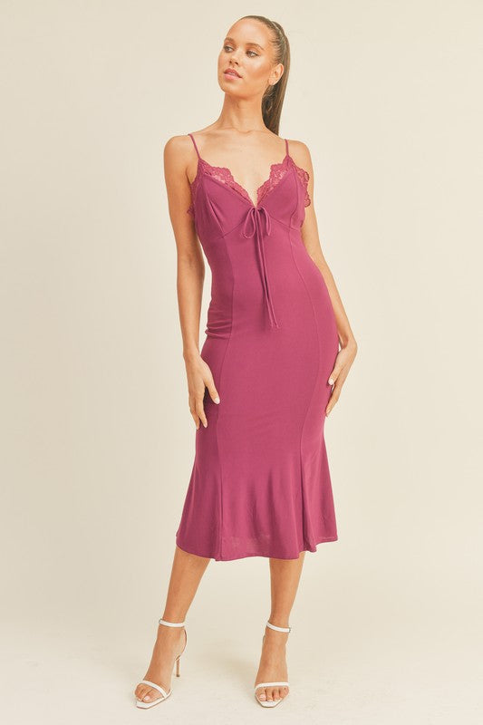 Berry Spaghetti Strap  Midi Fit And Flare Dress