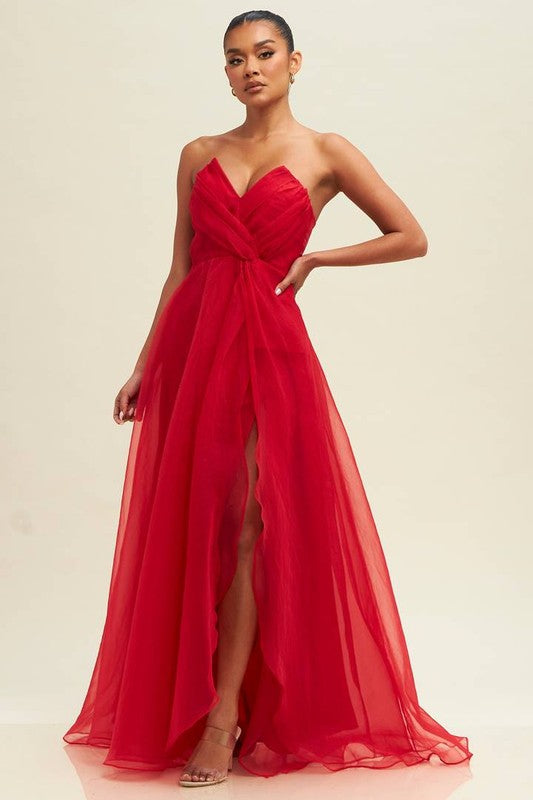 Organza V Neckline Maxi Red Dress