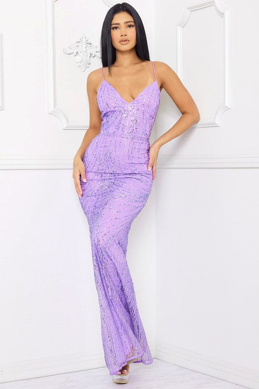 Mermaid Maxi Dress With Pattern Sequins Open Cross Body Back Spaghetti Straps