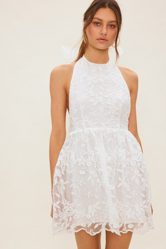 White Flower Embroidered Mini Dress