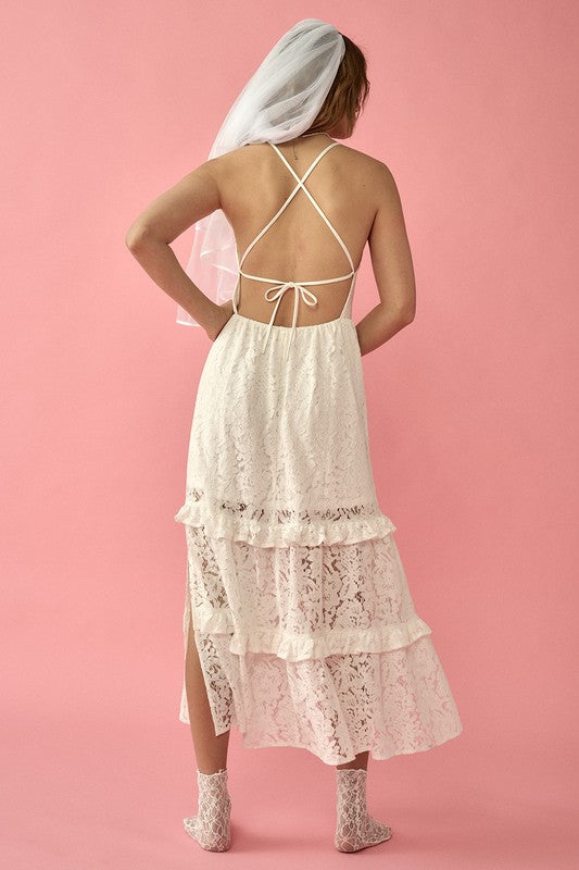 Floral Lace Open Back Tiered Ruffle Maxi White Dress