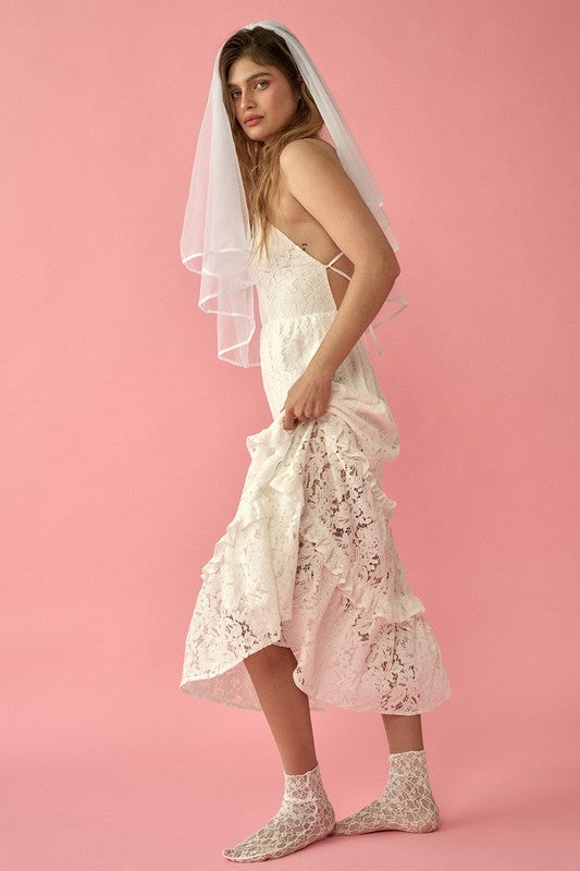 Floral Lace Open Back Tiered Ruffle Maxi White Dress