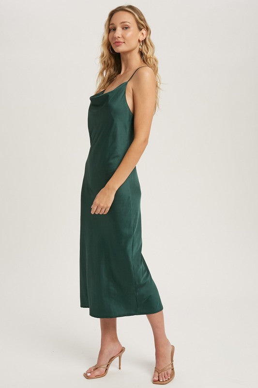 Satin Cowl Neck Midi Slip Dress