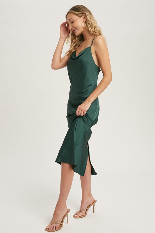 Satin Cowl Neck Midi Slip Dress