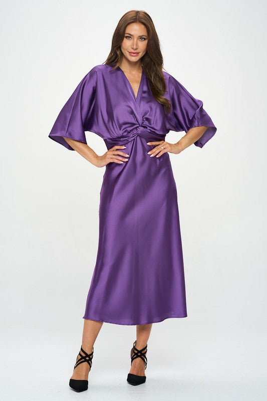 Purple Satin Stretch Solid Dress with Front Twist