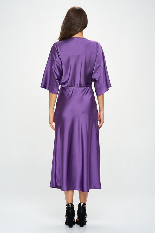 Purple Satin Stretch Solid Dress with Front Twist