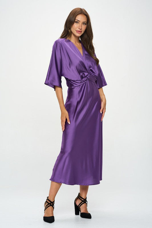 Purple Satin Stretch Solid Dress with Front Twist