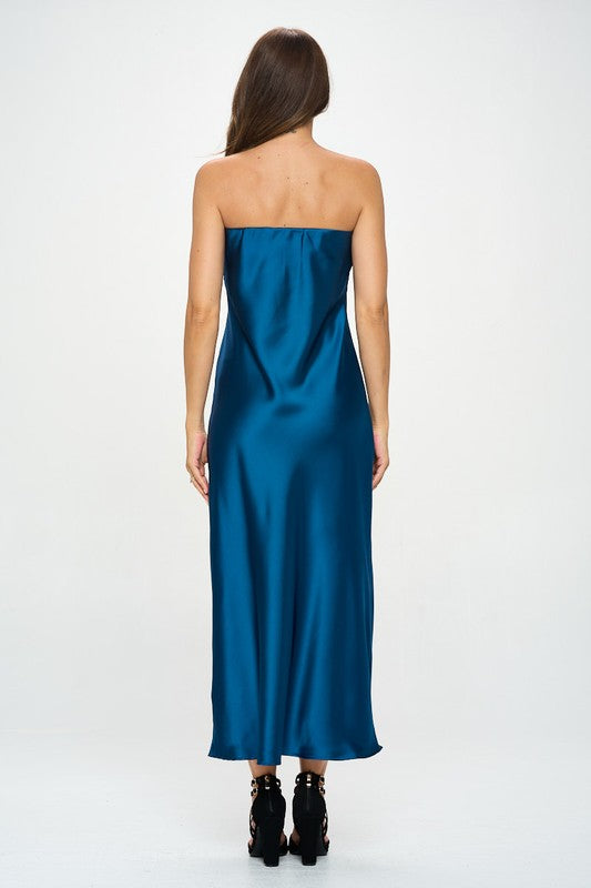 Silky Satin Tube Draped Teal Maxi Dress