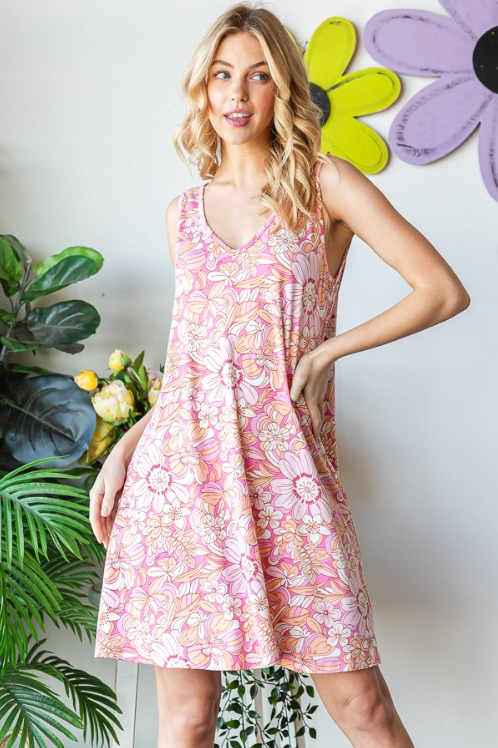 Full Size Floral V-Neck Tank Dress with Pockets