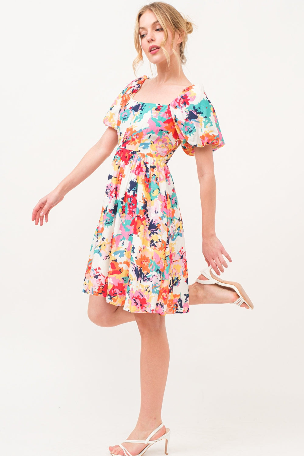 Square Neck Puff Sleeve Floral Short Dress