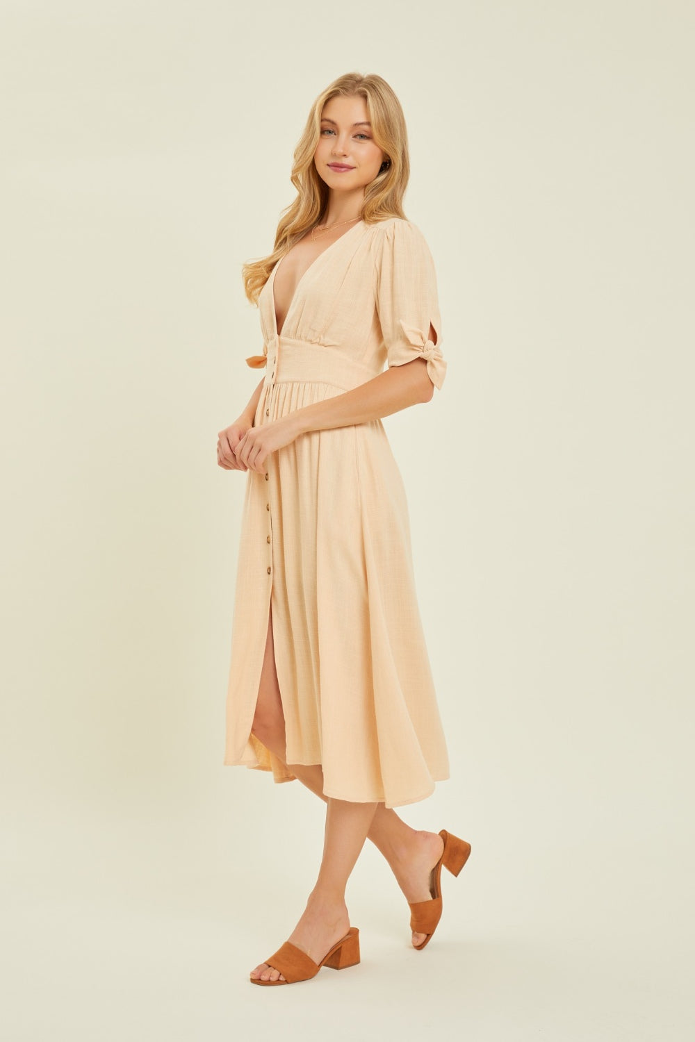 Full Size Textured Linen V-Neck Button-Down Midi Dress