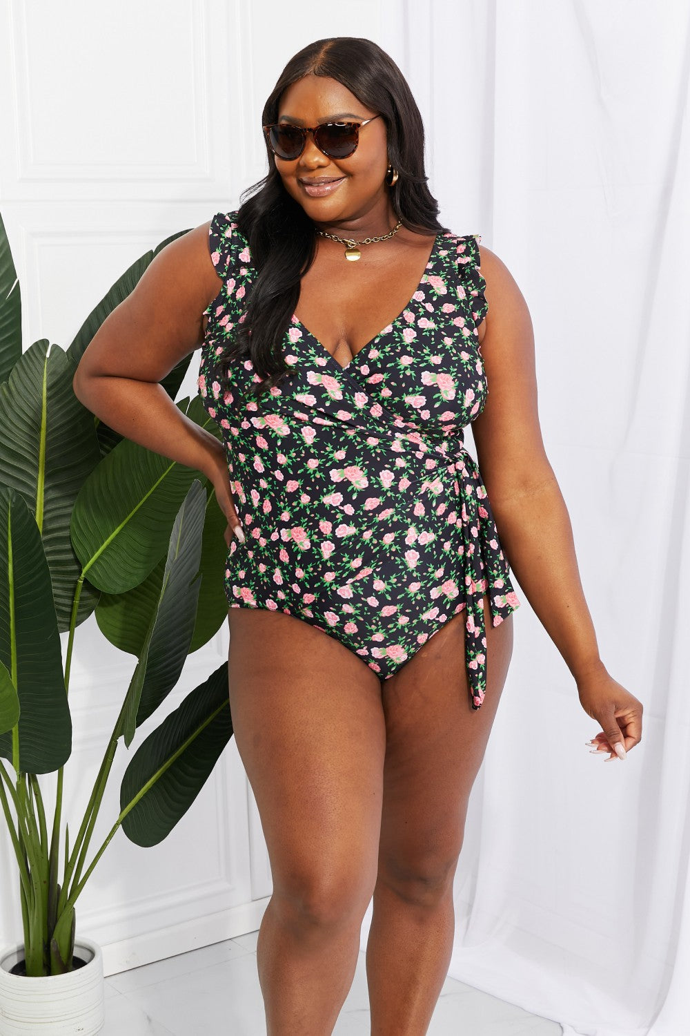 Swim Full Size Float On Ruffle Faux Wrap One-Piece in Floral