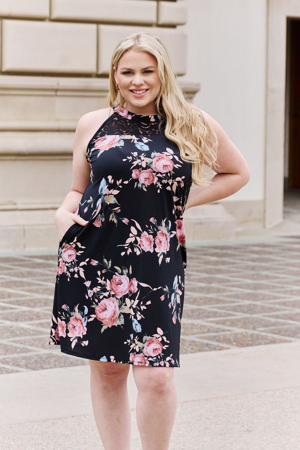 Black Floral Lace Detail Sleeveless Short Dress