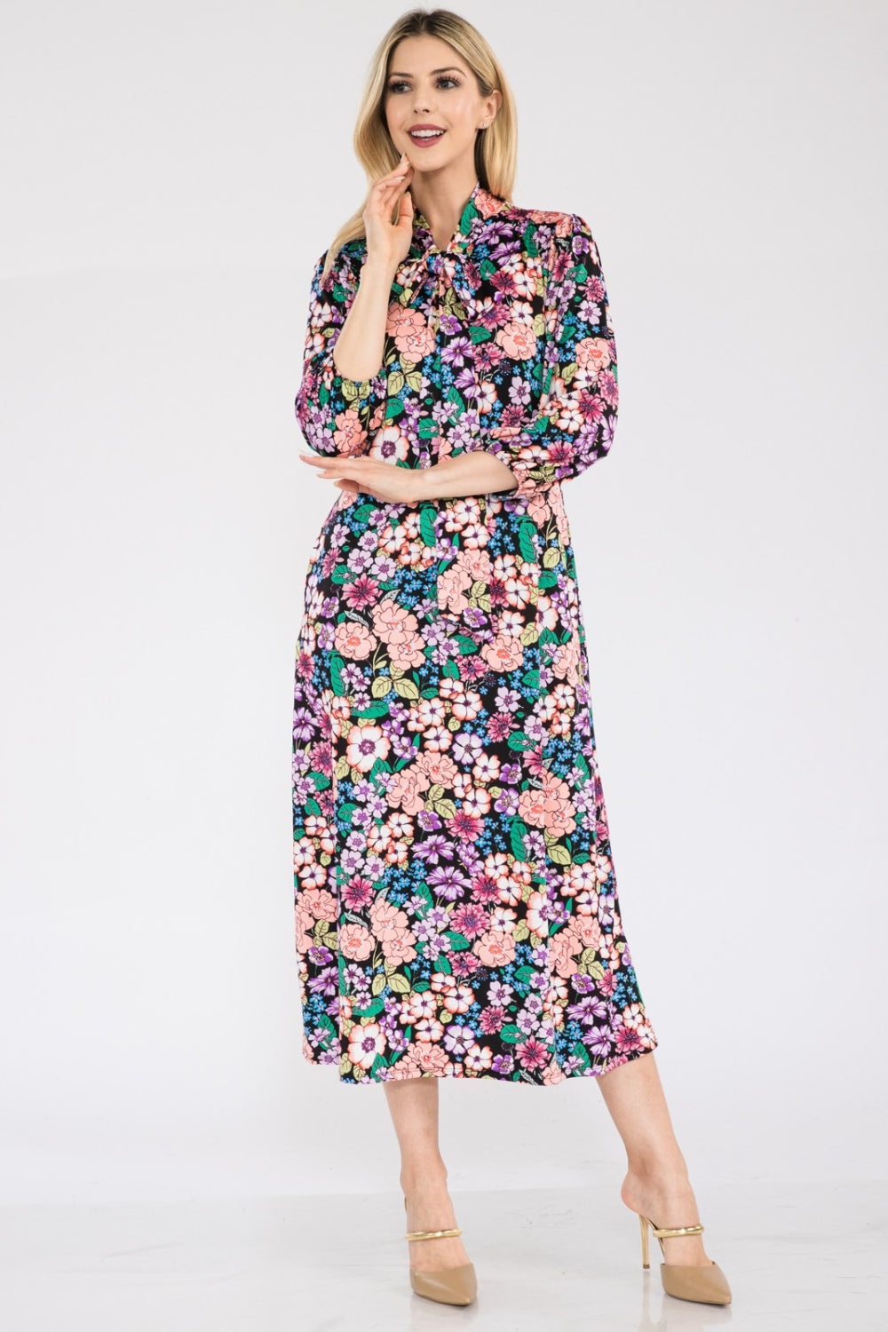 Full Size Floral Midi Dress with Bow Tied