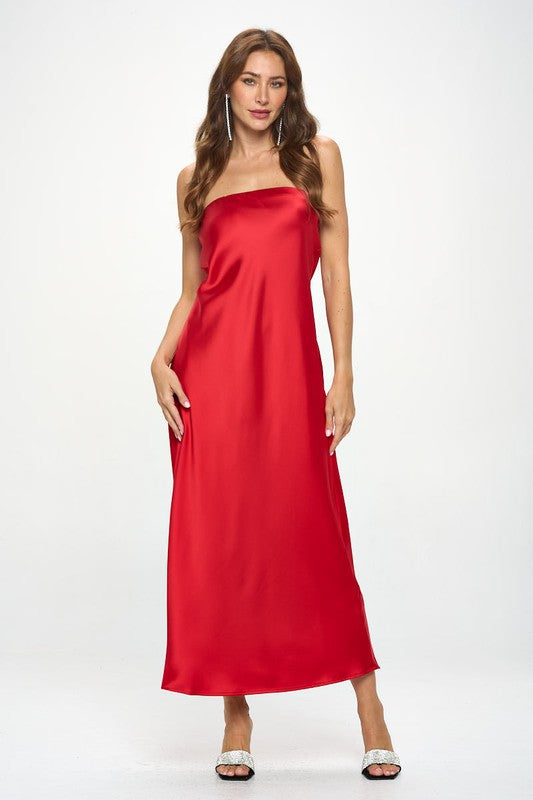 Red Satin Tube Draped Maxi Dress