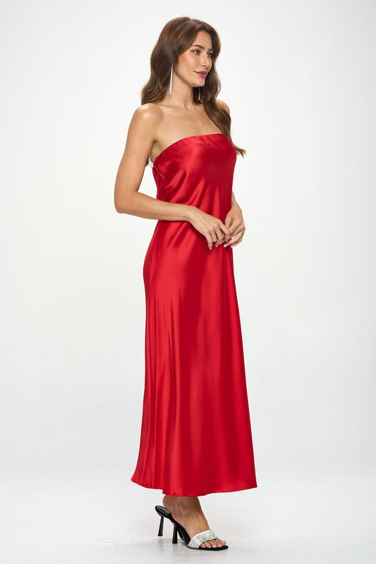 Red Satin Tube Draped Maxi Dress