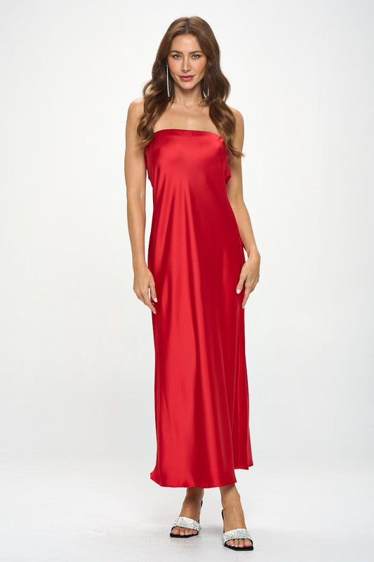 Red Satin Tube Draped Maxi Dress