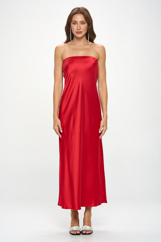 Red Satin Tube Draped Maxi Dress