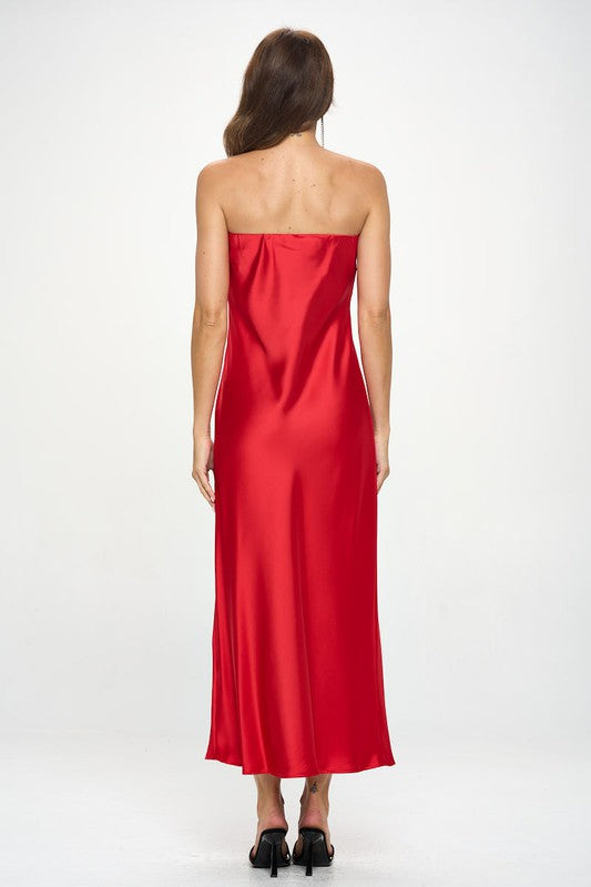 Red Satin Tube Draped Maxi Dress