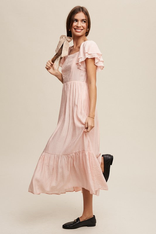 Square Neck Ruffled Short Sleeve Maxi Dress