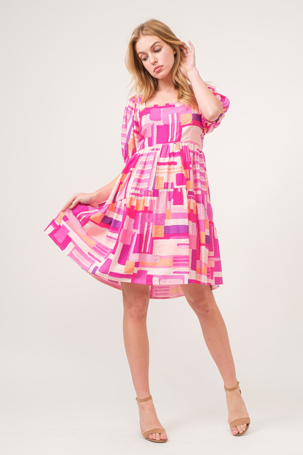 Pink Color Block Puff Sleeve Short Dress