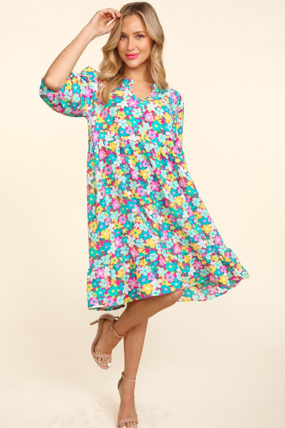 Bubble Sleeve Floral Ruffled Short Dress