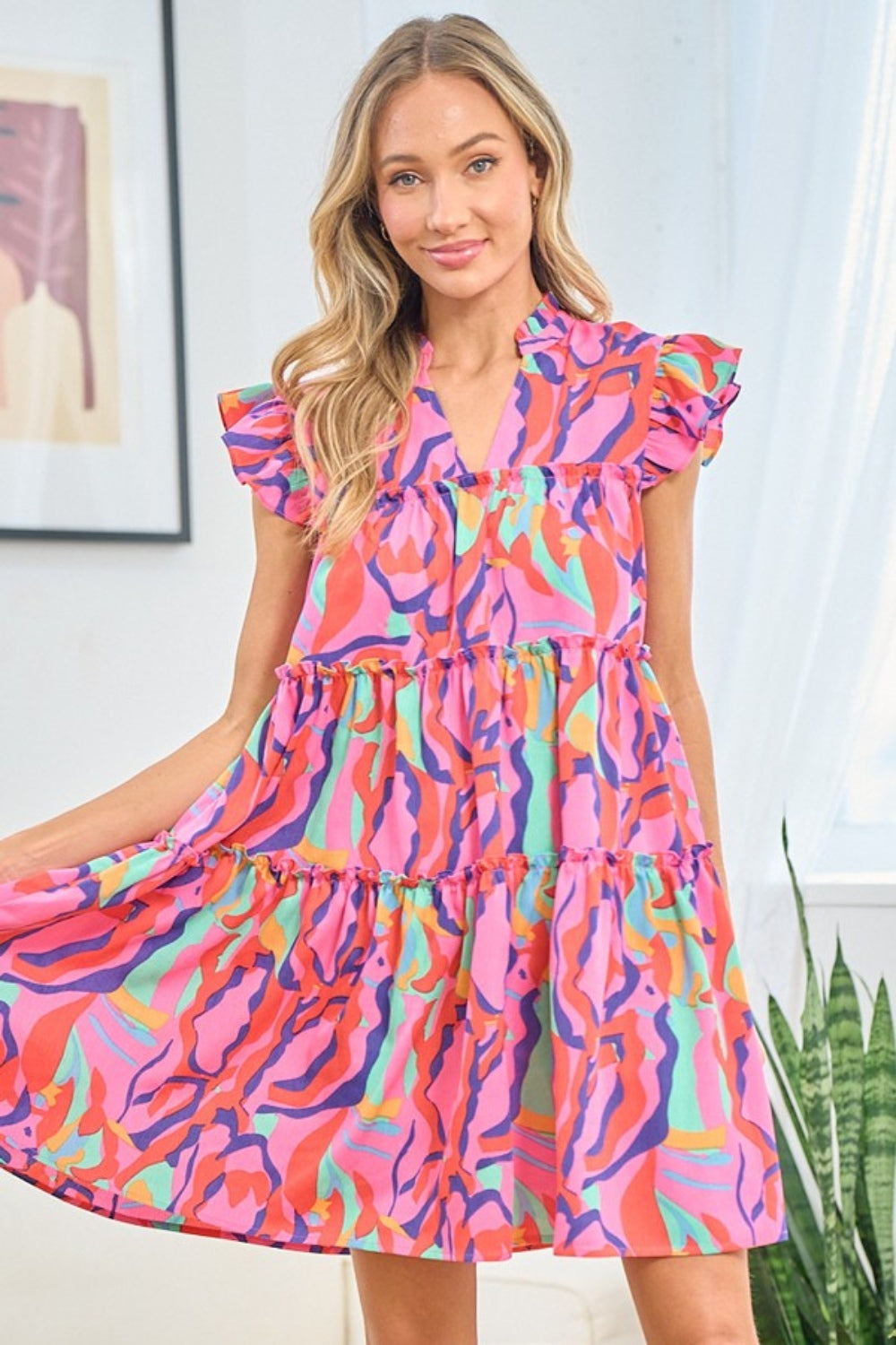 Printed Ruffle Cap Sleeve Tiered Short Dress