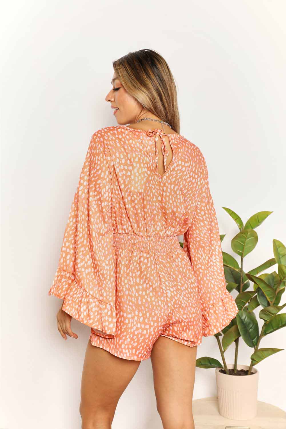 Printed Flare Sleeve Surplice Romper