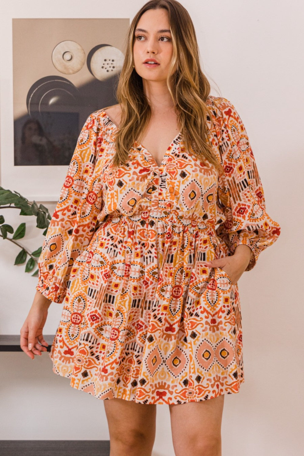 Full Size Printed Ruff Sleeve Romper with Pockets