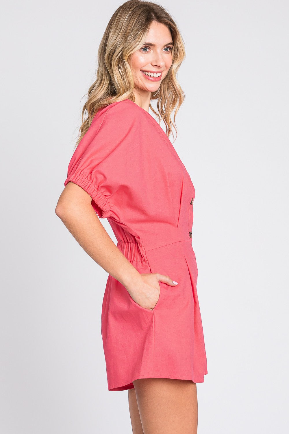 Half Button V-Neck Linen Romper