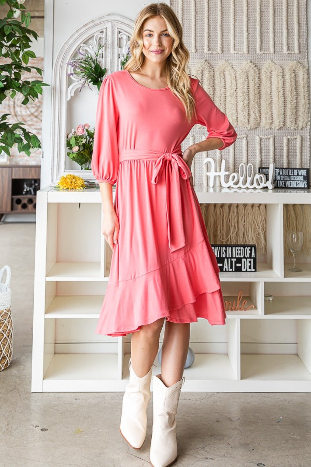 Coral Tie Front Ruffle Hem Midi Dress