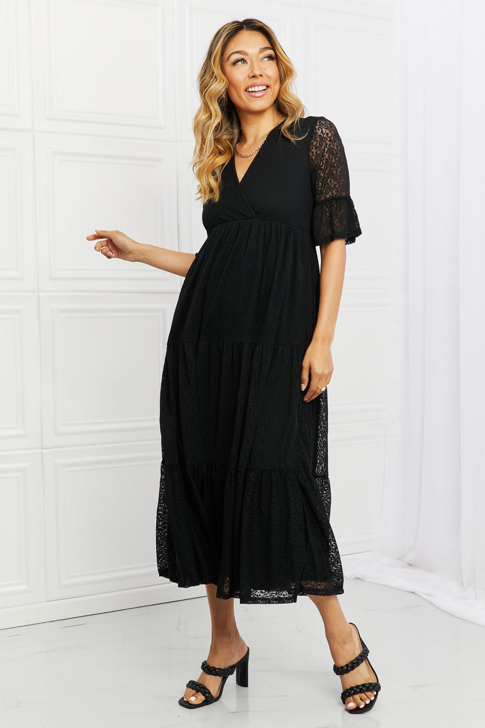 Black Lovely Lace Full Size Tiered Maxi Dress