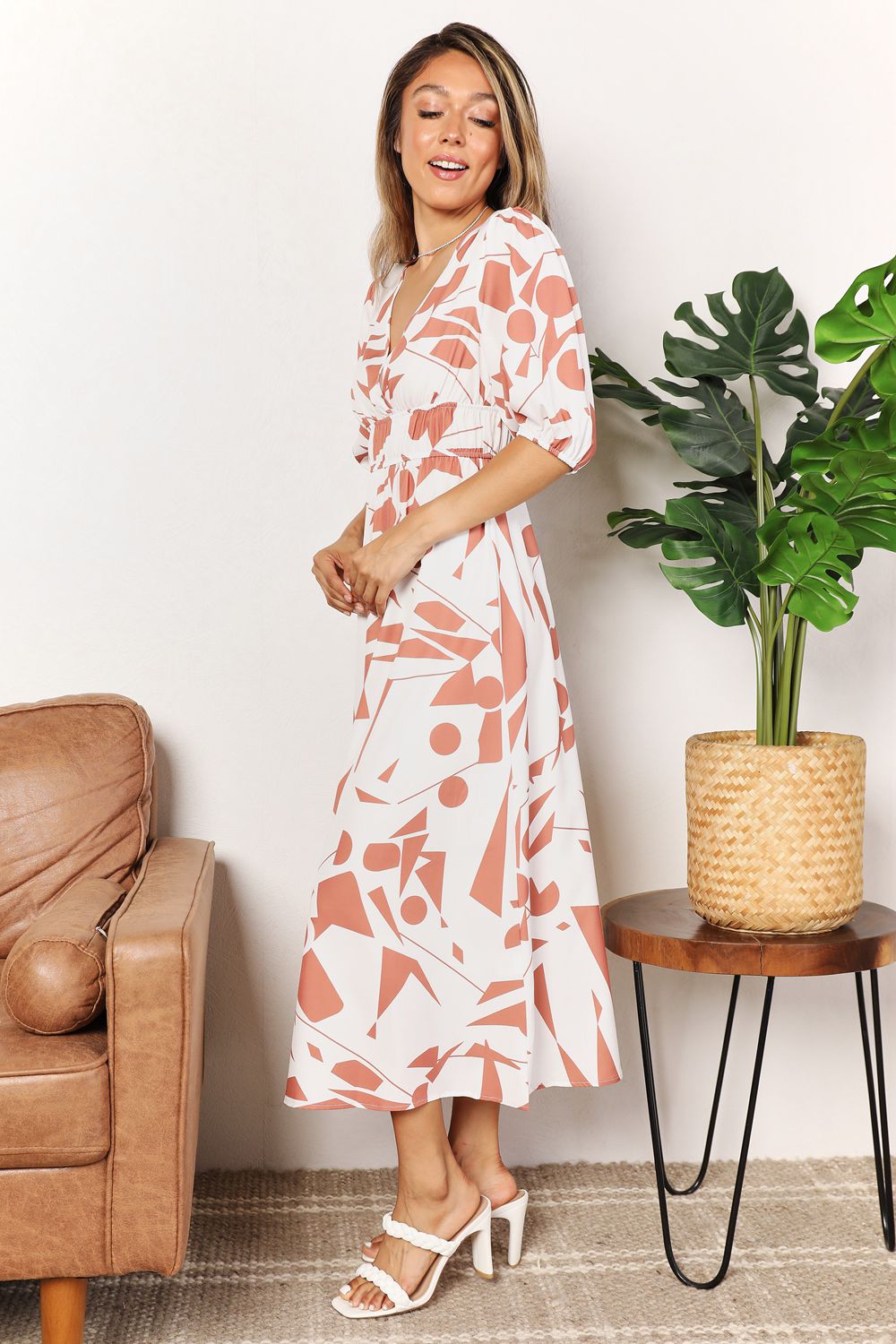 Printed Surplice Balloon Sleeve Maxi Dress