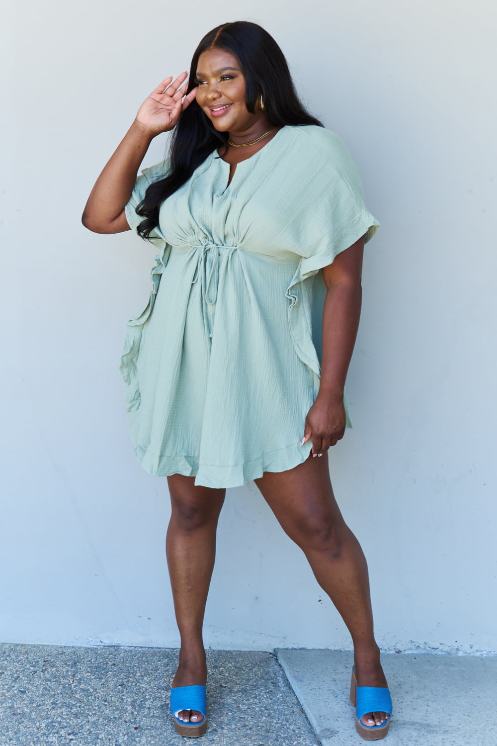 Ruffle Hem Short Dress with Drawstring Waistband in Light Sage