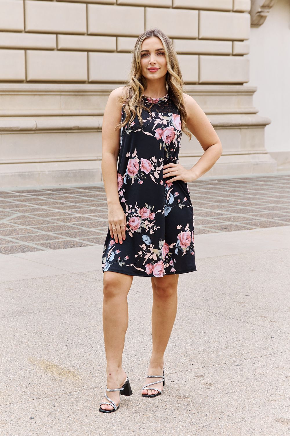 Black Floral Lace Detail Sleeveless Short Dress