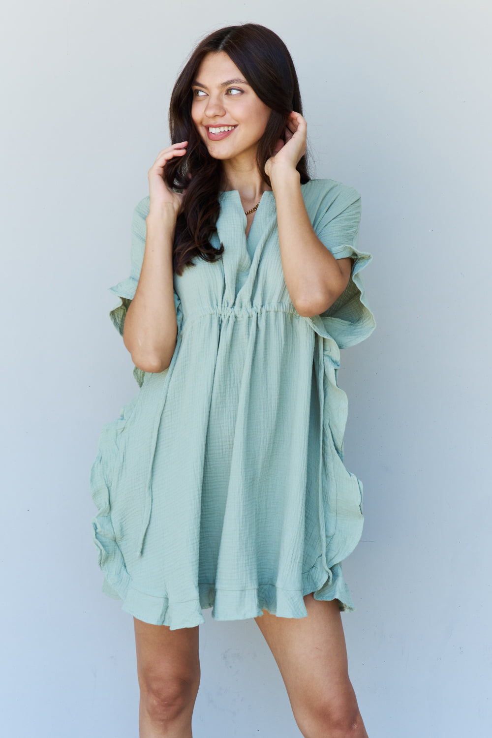 Ruffle Hem Short Dress with Drawstring Waistband in Light Sage