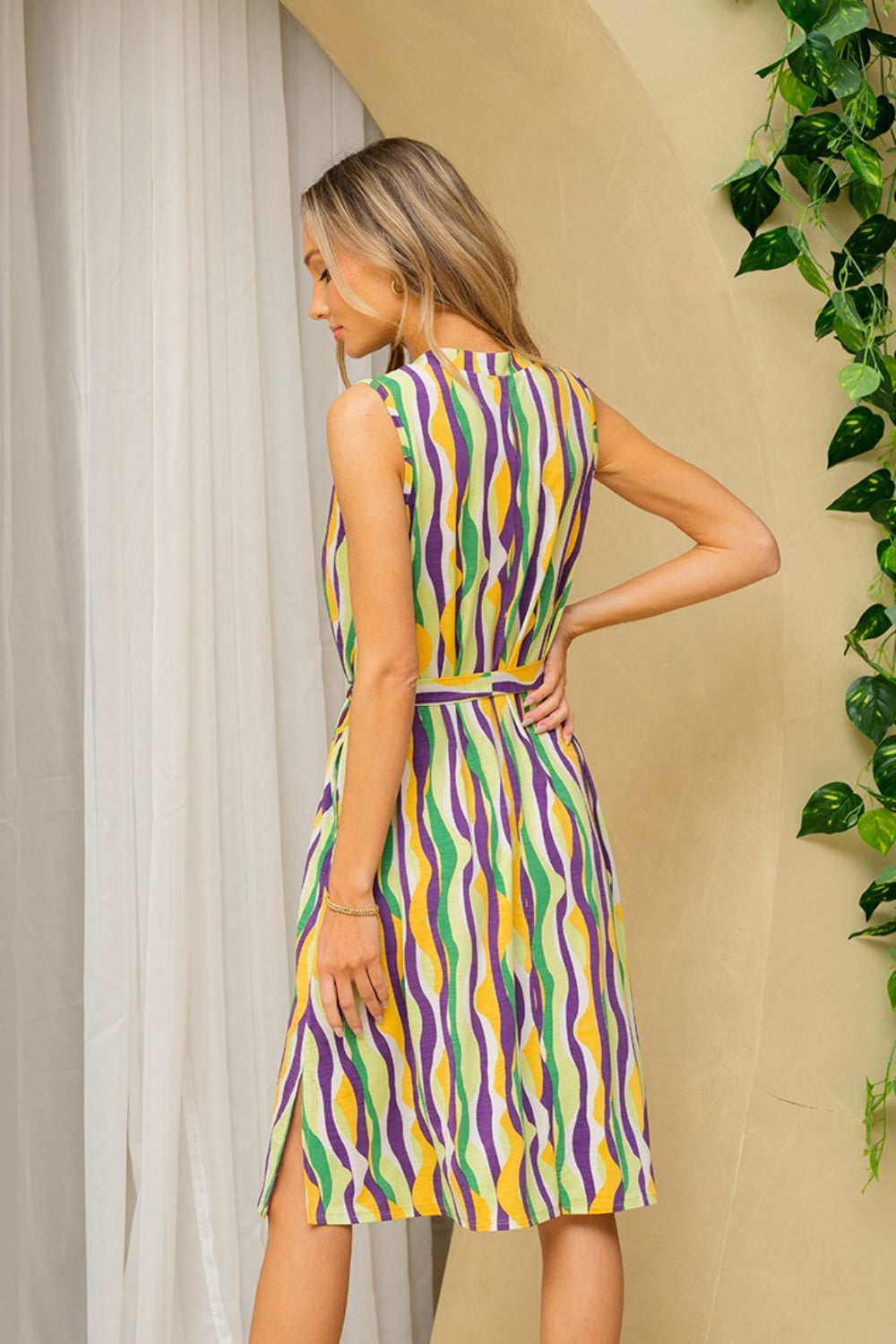 Full Size Stripe Tied Sleeveless Midi Dress with Side Pockets