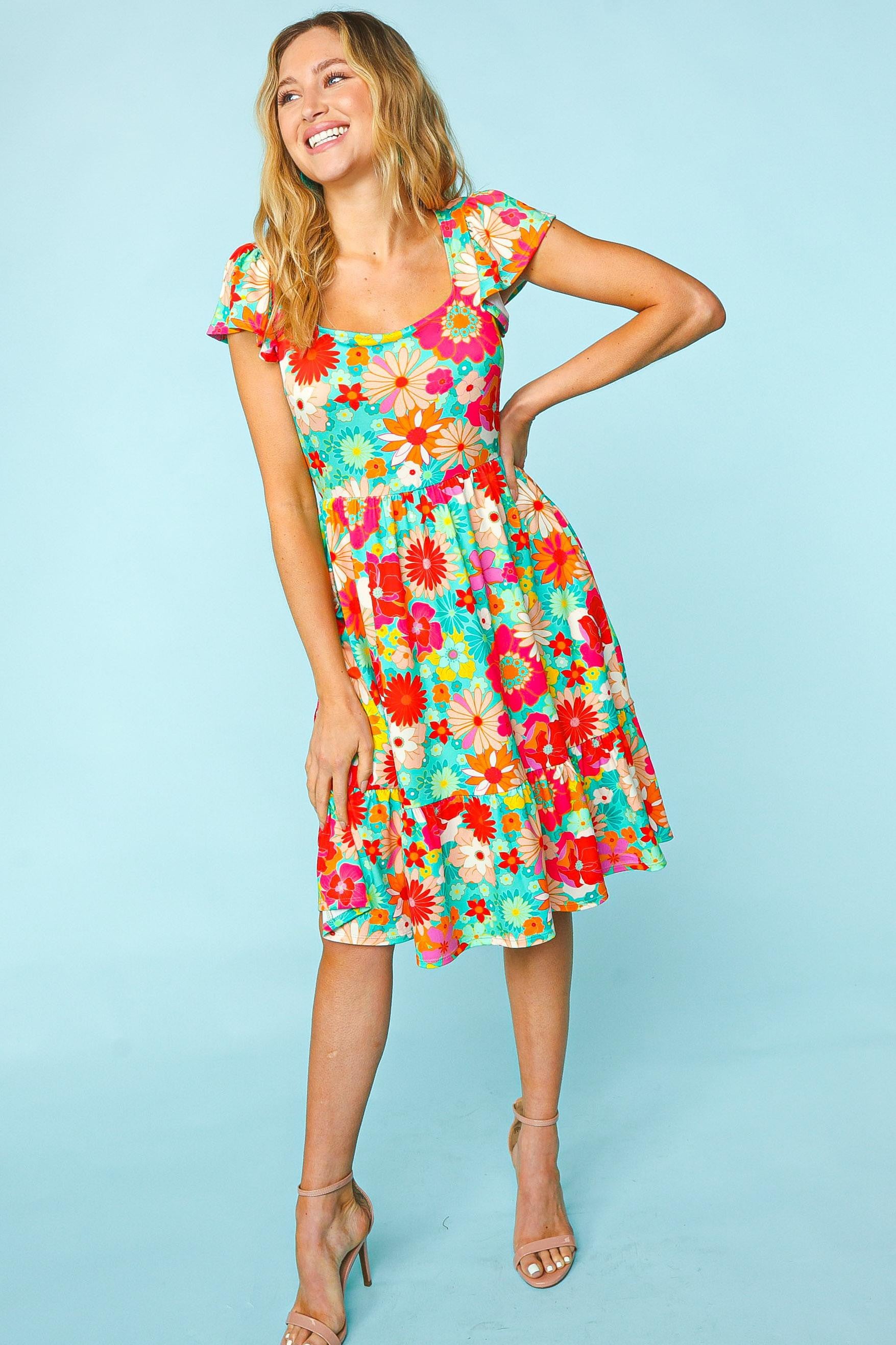 Floral Square Neck Short Sleeve Short Dress