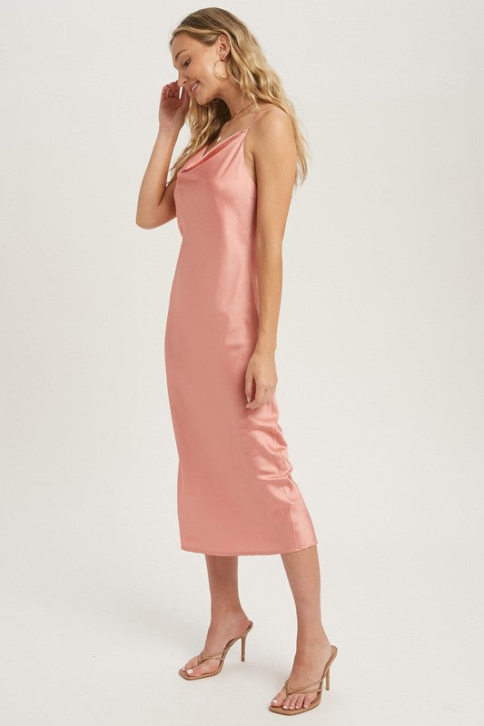 Satin Cowl Neck Midi Slip Dress