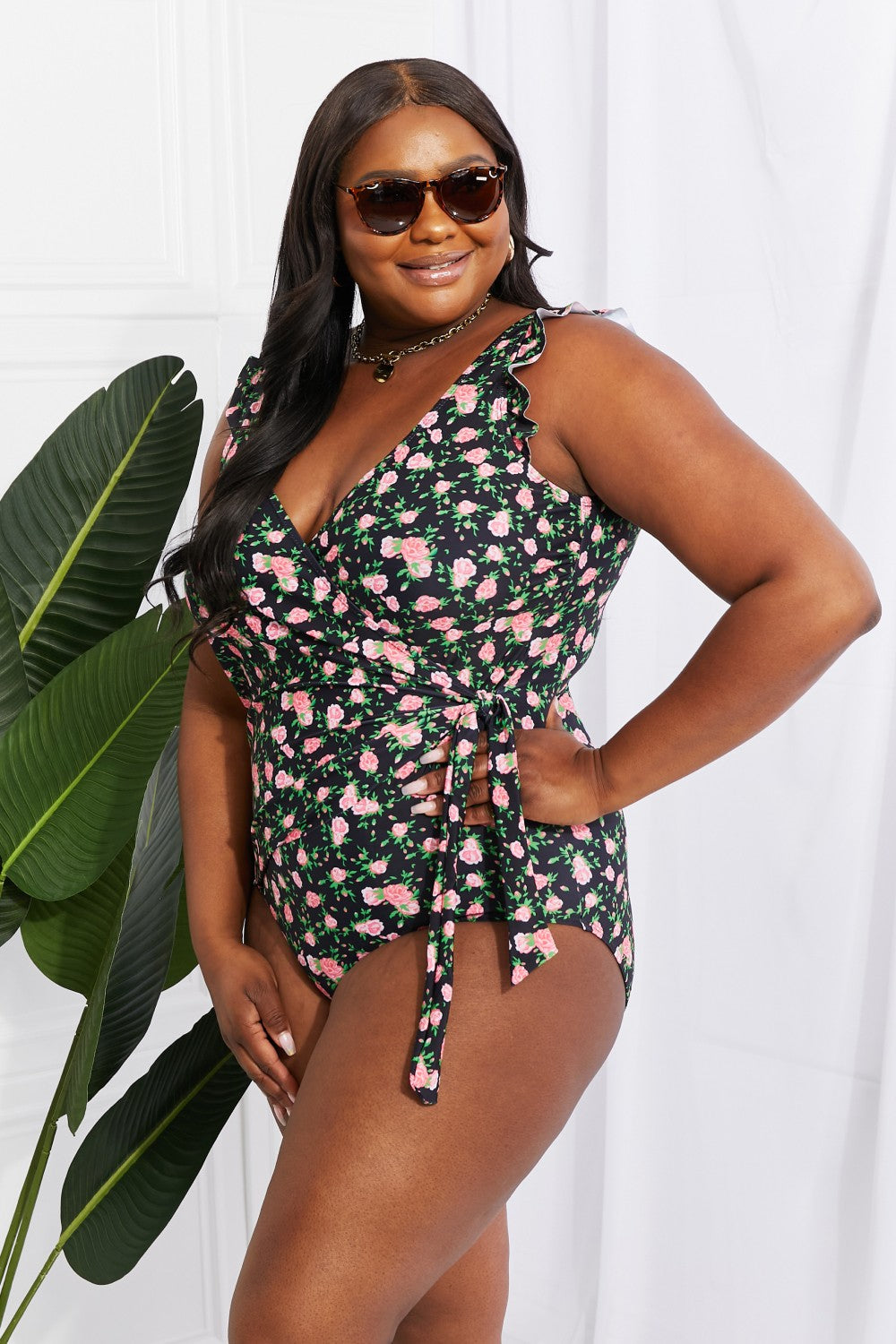 Swim Full Size Float On Ruffle Faux Wrap One-Piece in Floral