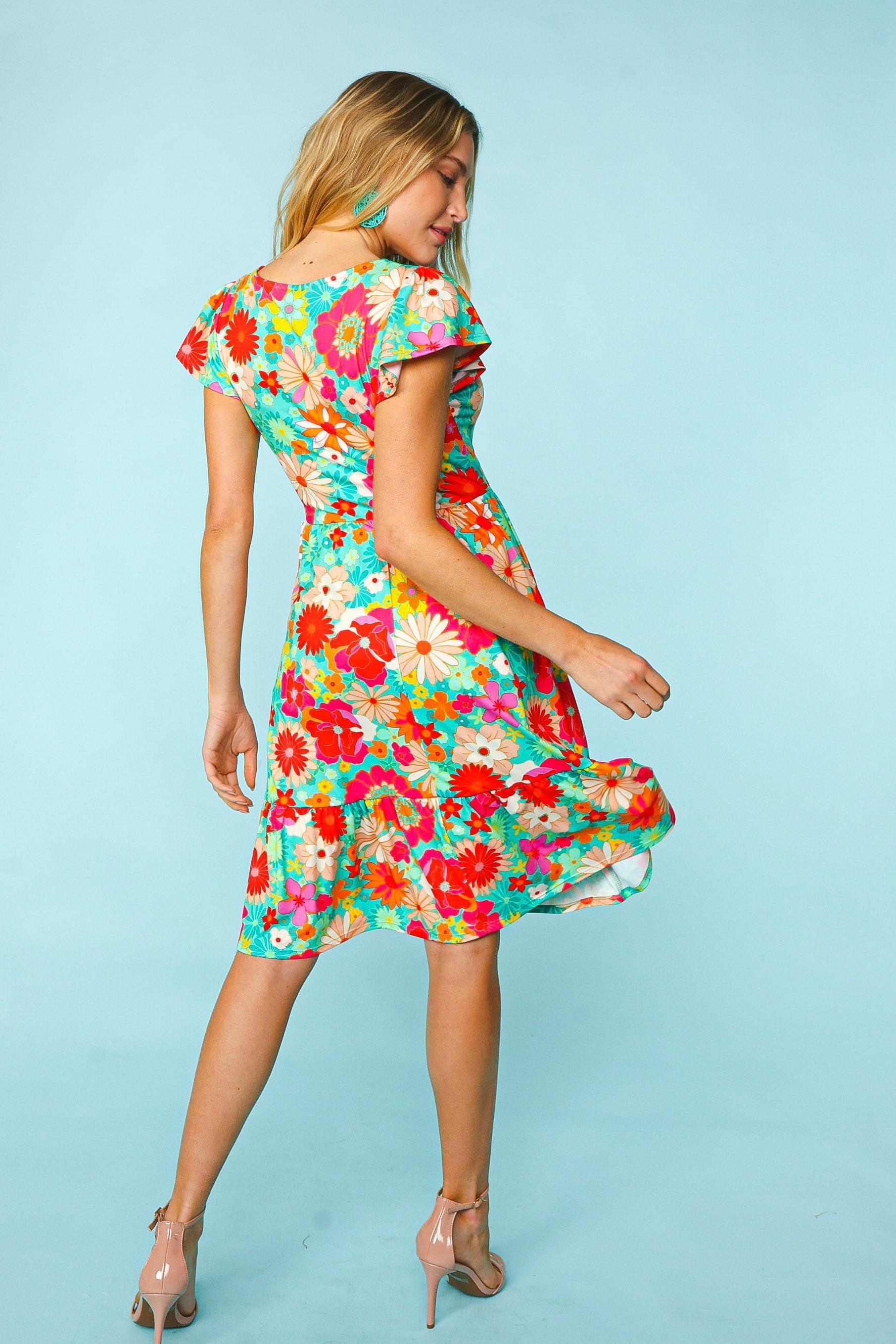 Floral Square Neck Short Sleeve Short Dress