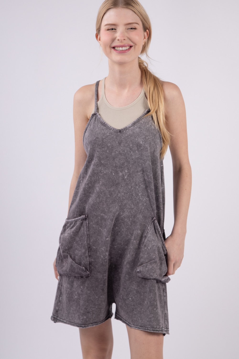 Neck Sleeveless Washed Romper