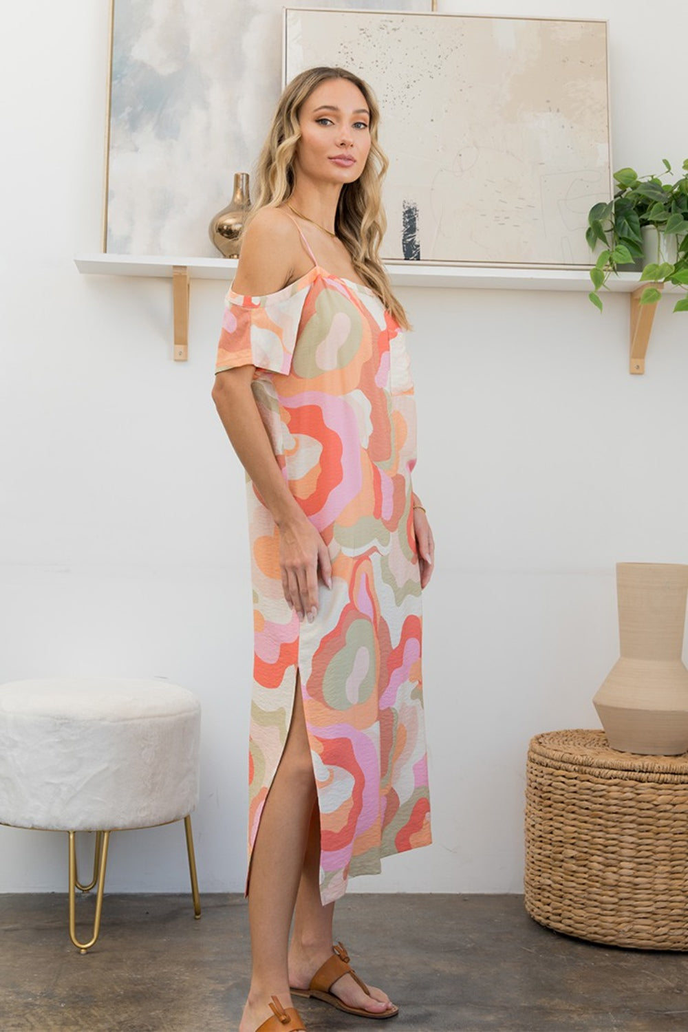 Coral Pink Full Size Printed Side Slit Midi Dress