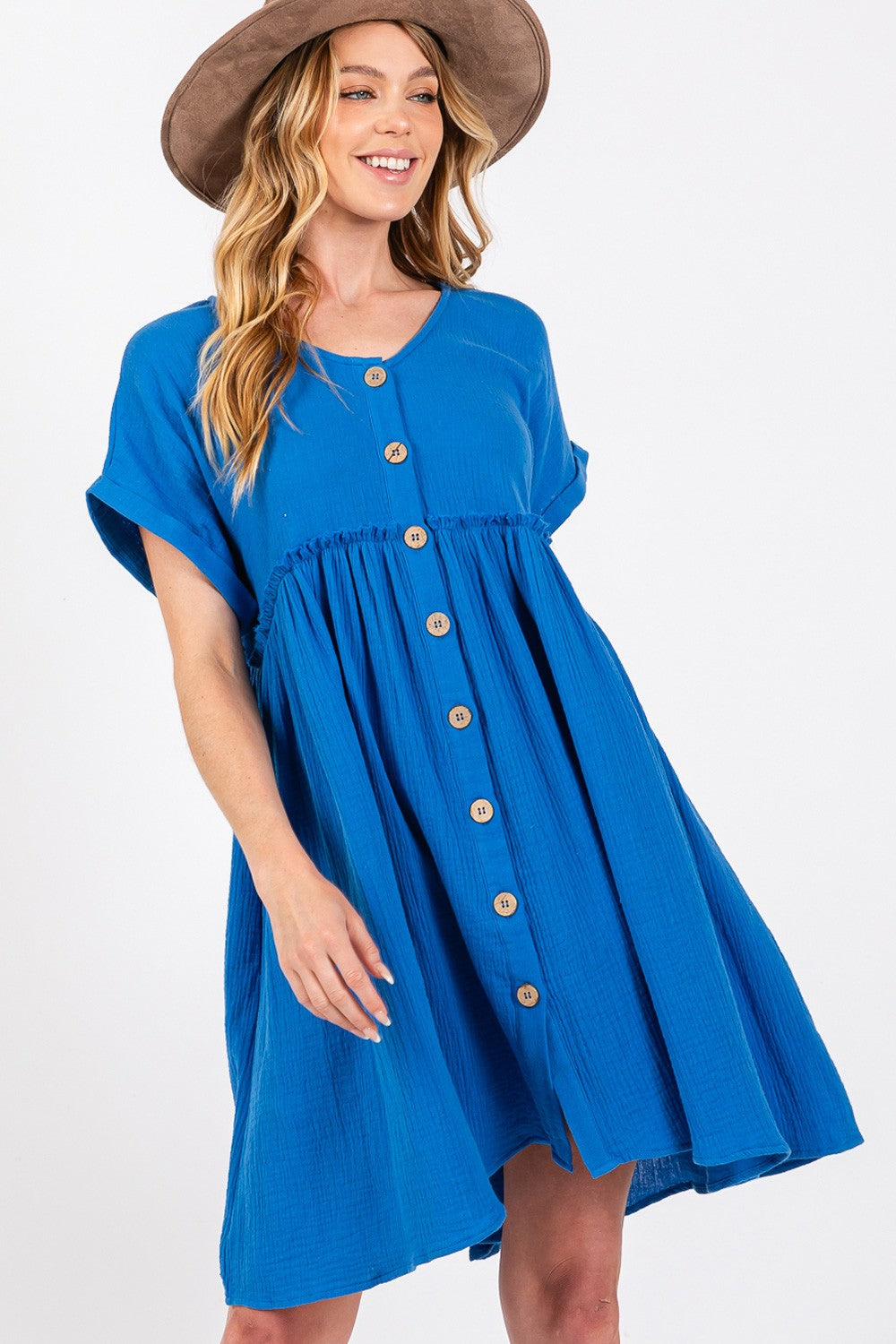 Button Up Short Sleeve Blue Short Dress