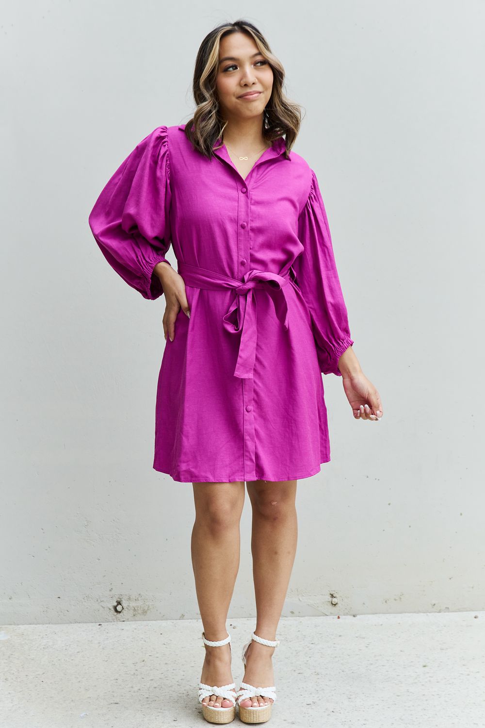 Full Size Half Sleeve Belted Short Dress in Magenta