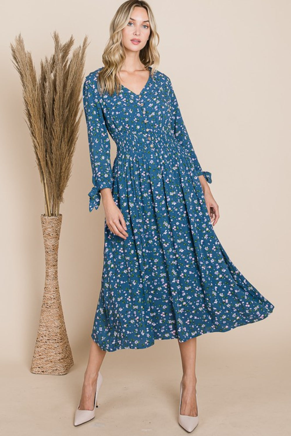 Teal Reborn J Floral V-Neck Midi Dress