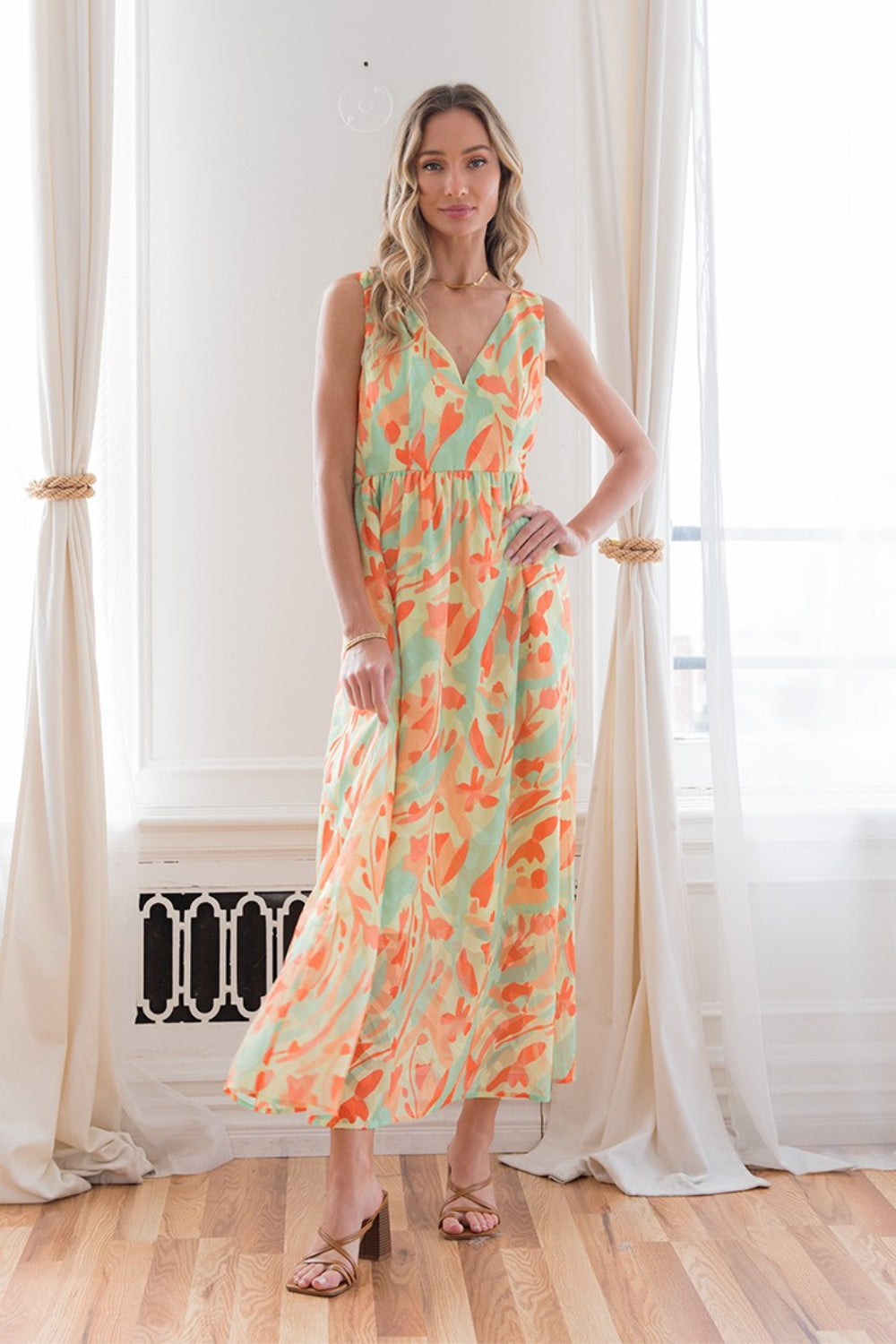 Lime Orange Printed V-Neck Sleeveless Maxi Dress